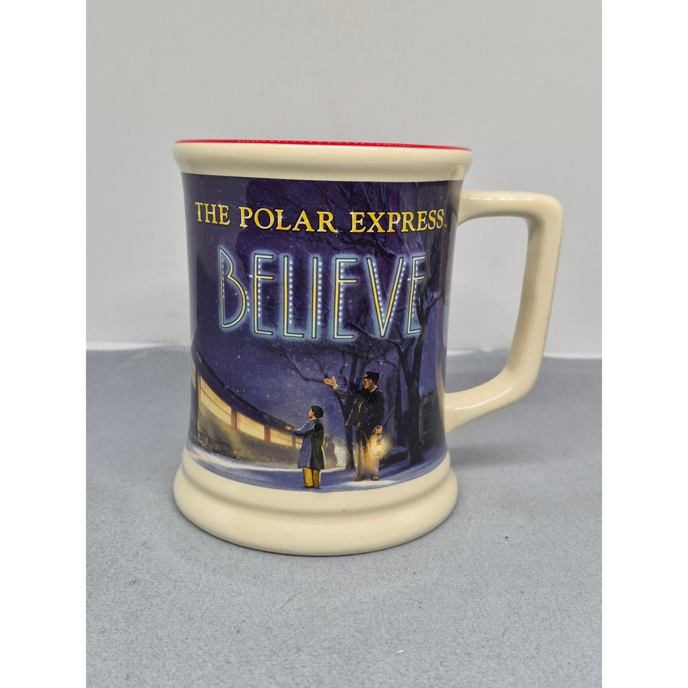 The Polar Express Believe Ceramic Coffee Mug Cream Red Rim Holiday Movie Train